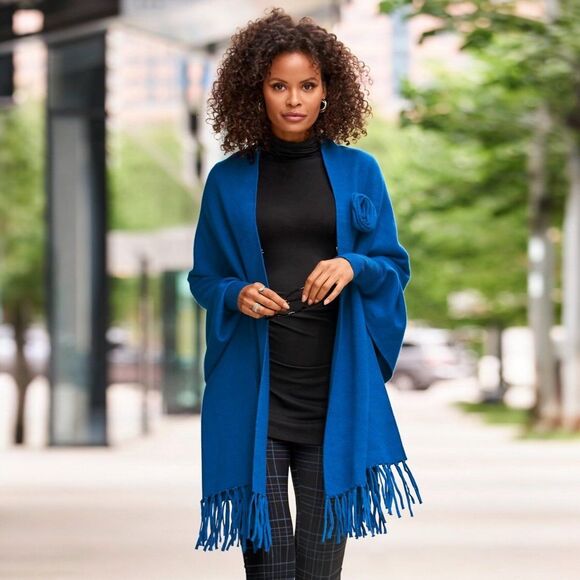 Boston Proper Rosette Fringe Poncho - Classic Blue - Size XS/S - Picture 1 of 10